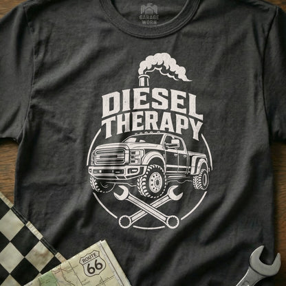Diesel Therapy graphic on a dark gray t-shirt with a pickup truck and wrenches.