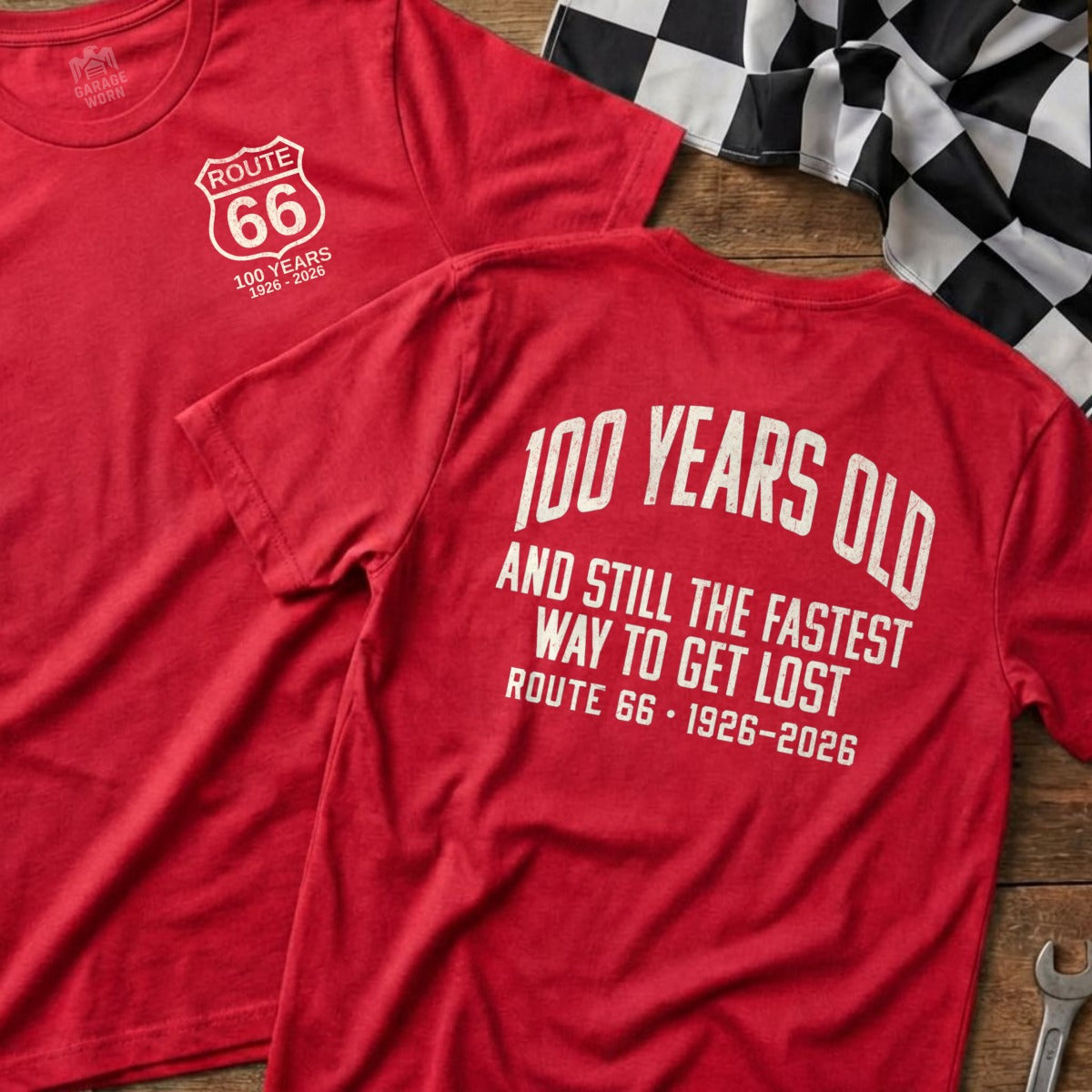 Red t-shirts with Route 66 100 Years slogan and racing checkered flag.