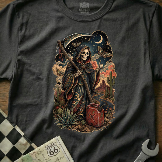 Grim Reaper with gas can and Route 66 map on desert landscape.