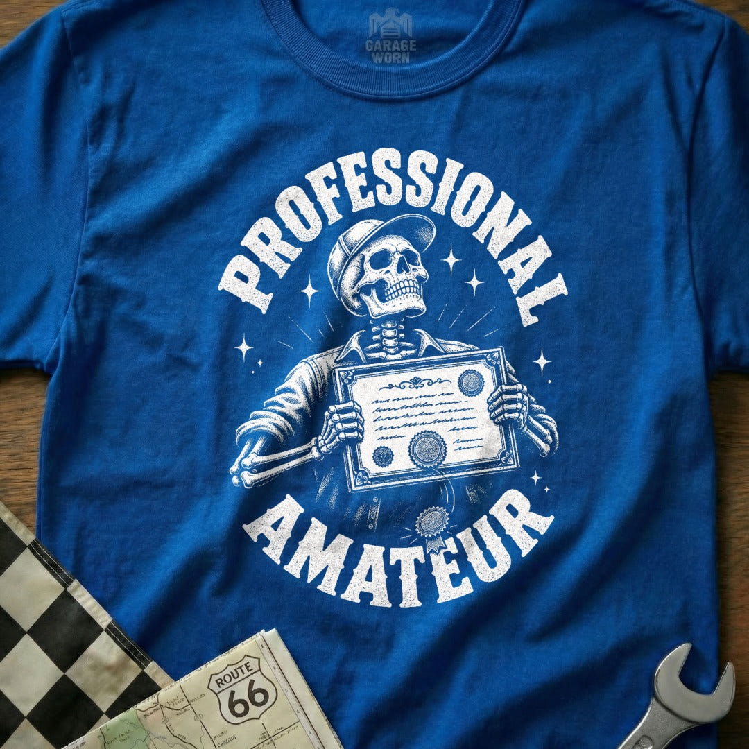 Skeleton wearing a hat holds a certificate with "PROFESSIONAL AMATEUR" text.
