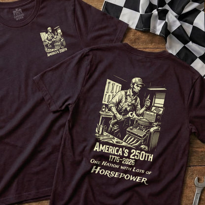 T-shirt with vintage mechanic graphic and "America's 250th" text.