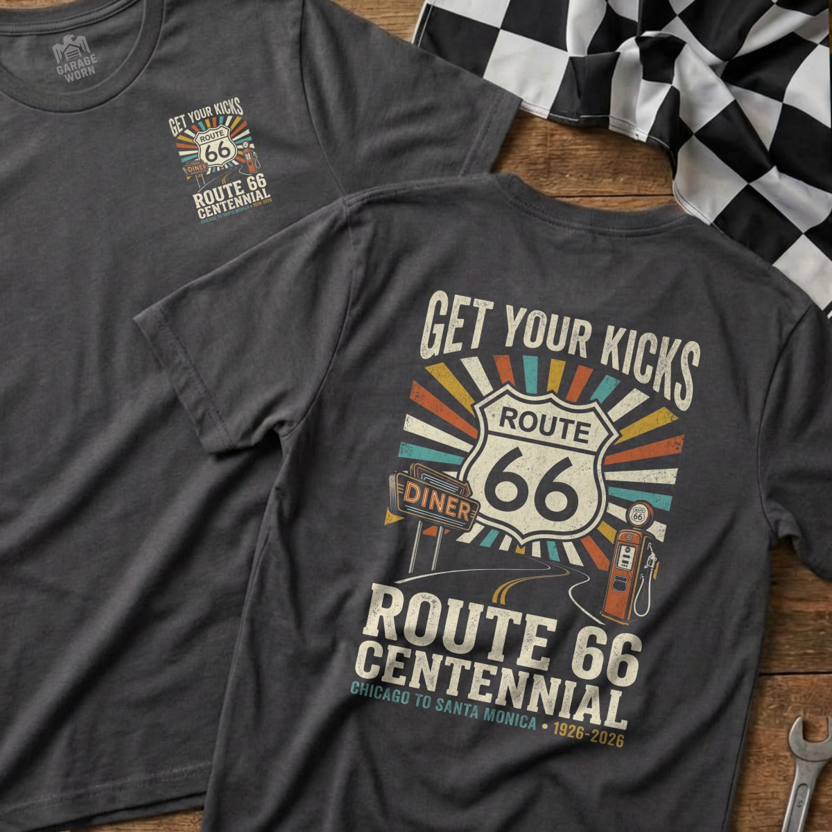 Route 66 Centennial t-shirt with diner graphic and racing flag.