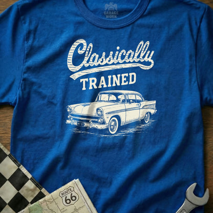 Blue t-shirt with "Classically TRAINED" text and classic car graphic.
