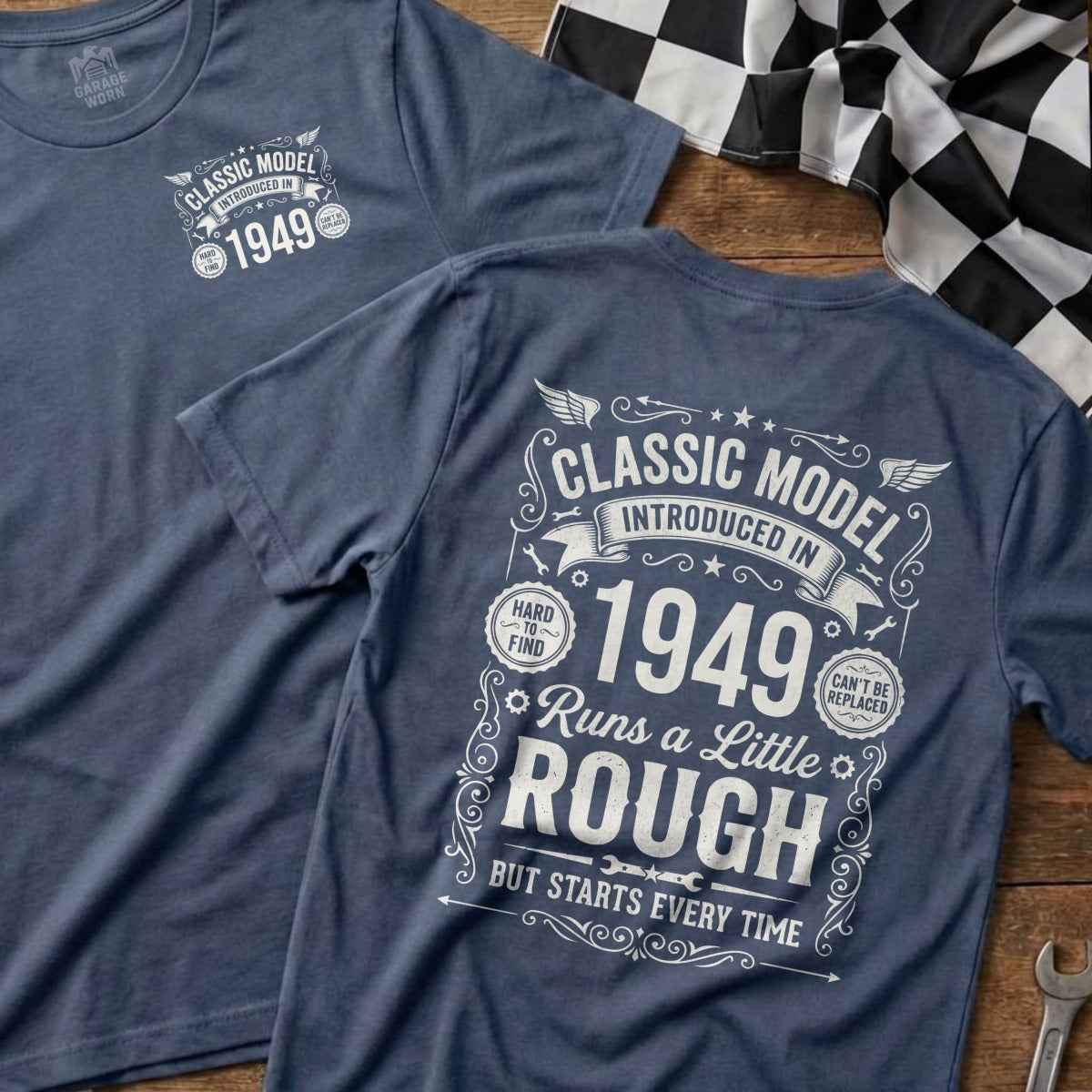 Navy t-shirts with "Classic Model 1949" text and racing flag.