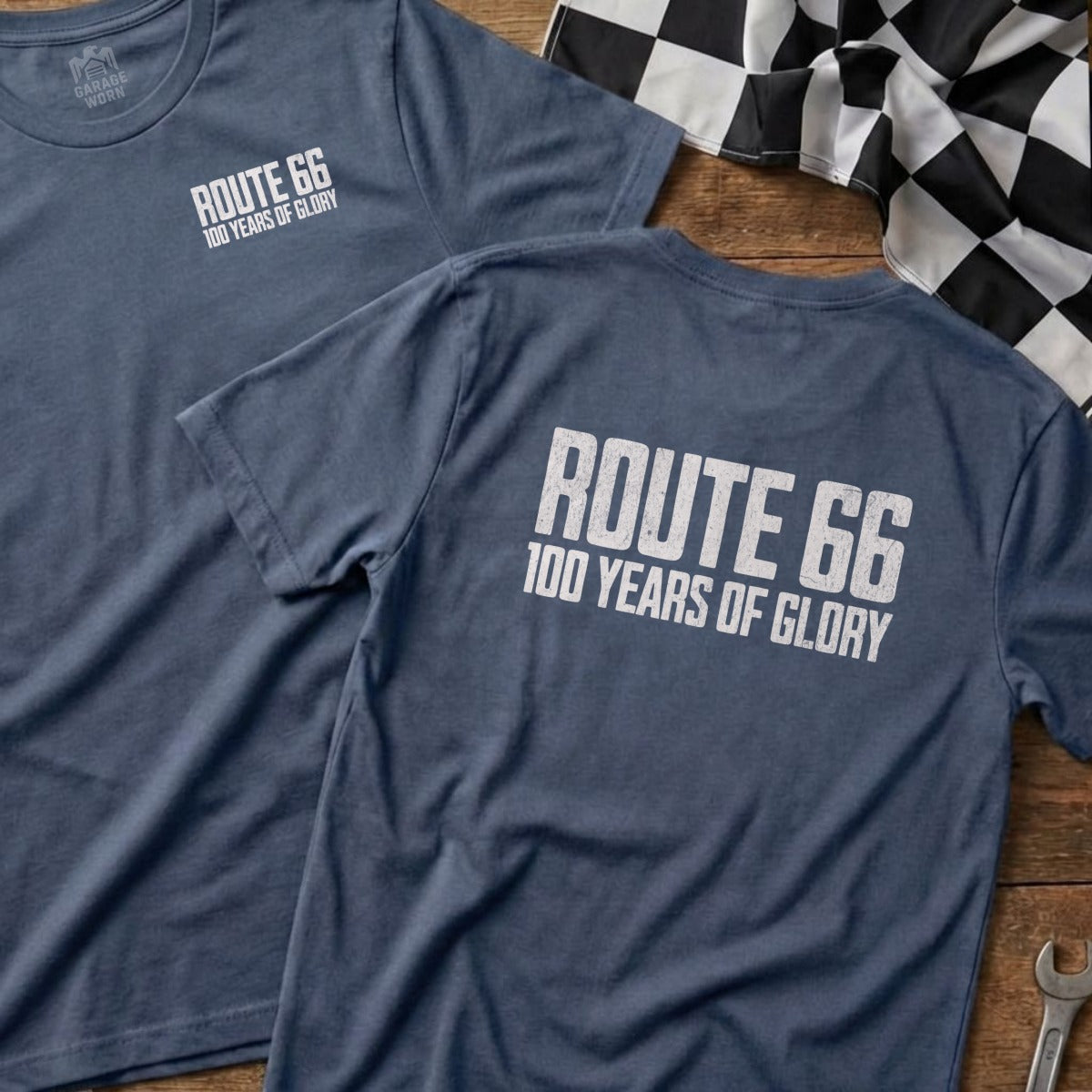 Two navy t-shirts with "Route 66 100 Years of Glory" text.