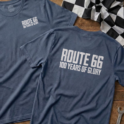 Two navy t-shirts with "Route 66 100 Years of Glory" text.