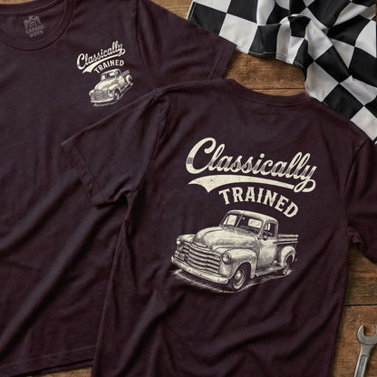 Dark t-shirts feature distressed print of "Classically TRAINED" and vintage truck illustration.
