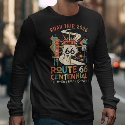 Black long-sleeve shirt with Route 66 Centennial design and text.
