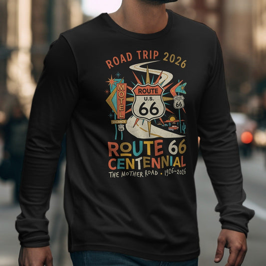 Black long-sleeve shirt with Route 66 Centennial design and text.