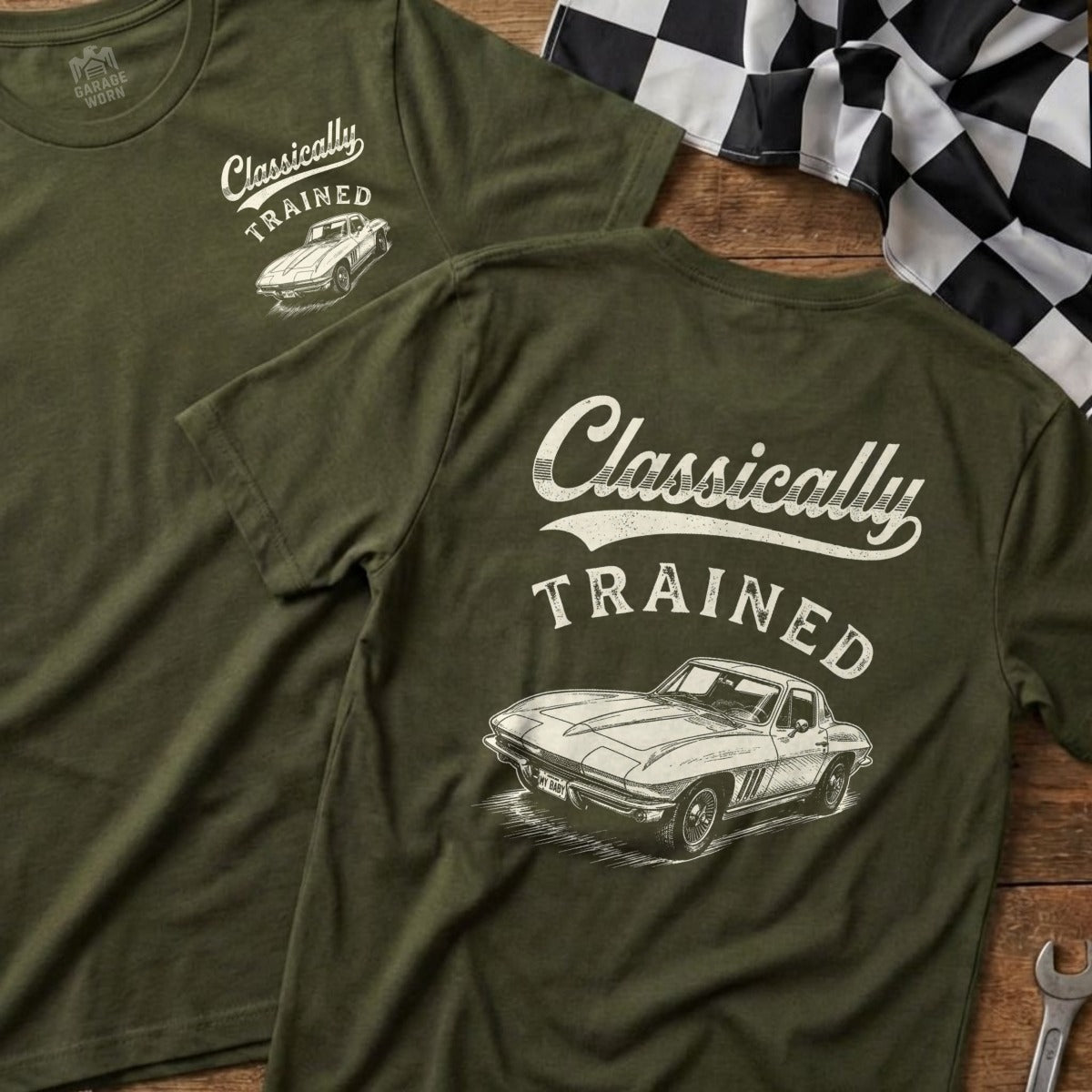 Olive green t-shirts with "Classically Trained" and a vintage car graphic.