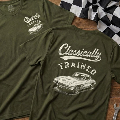 Olive green t-shirts with "Classically Trained" and a vintage car graphic.