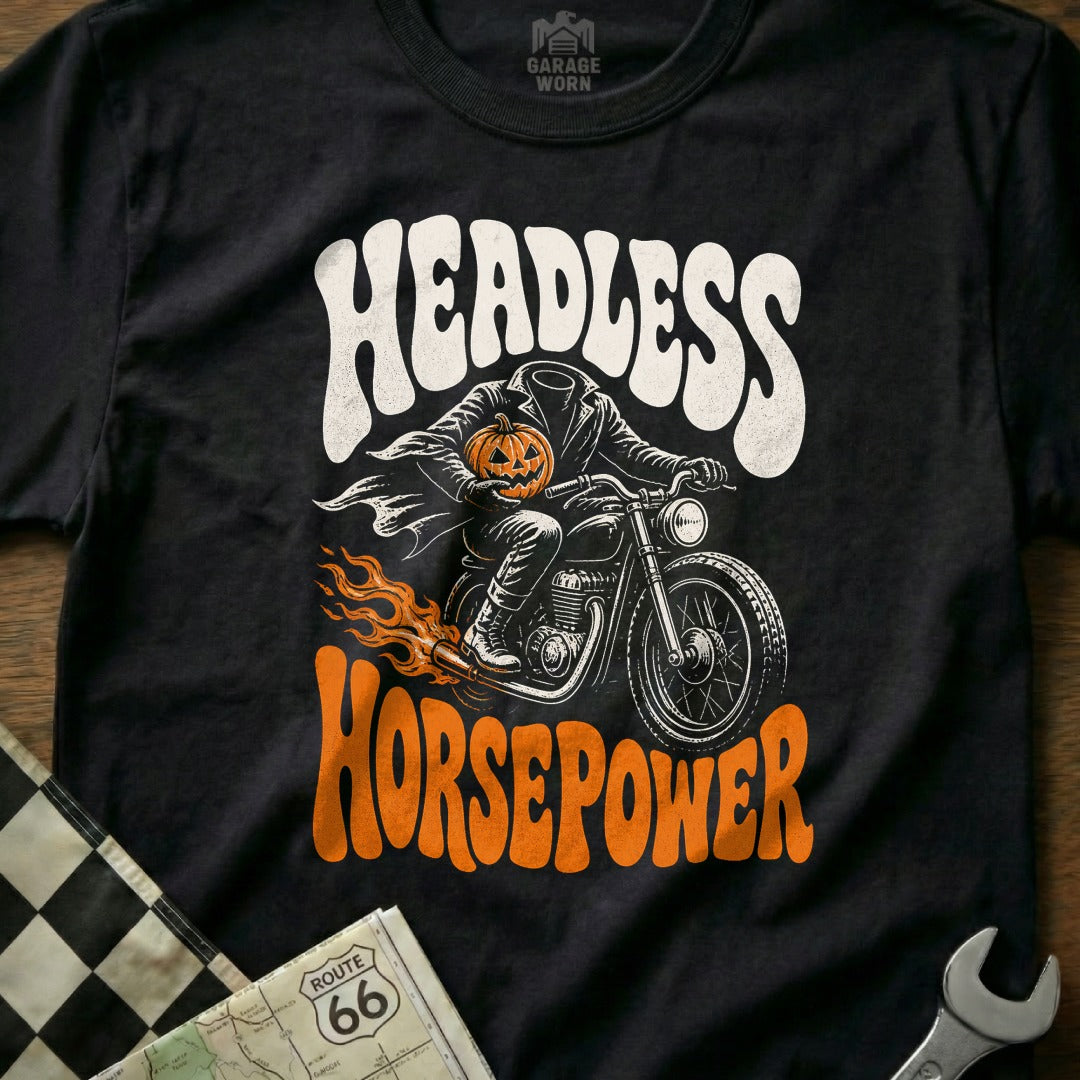 Headless Horsepower Halloween graphic with a headless rider and pumpkin on a motorcycle.