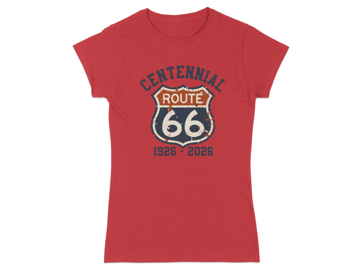 Red t-shirt with Centennial Route 66 logo from 1926-2026.