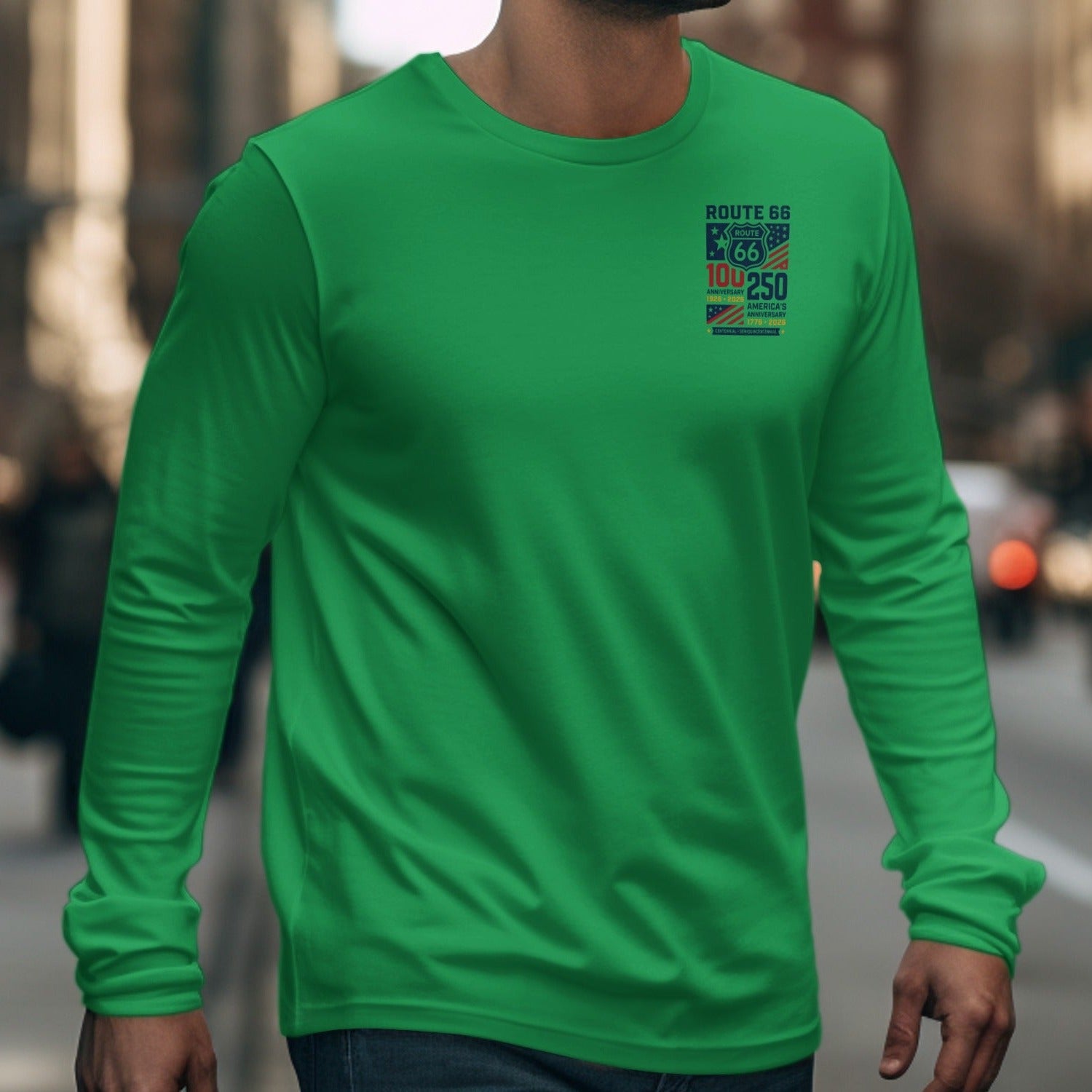 Green long sleeve shirt with Route 66 Centennial 100th Anniversary graphic design.