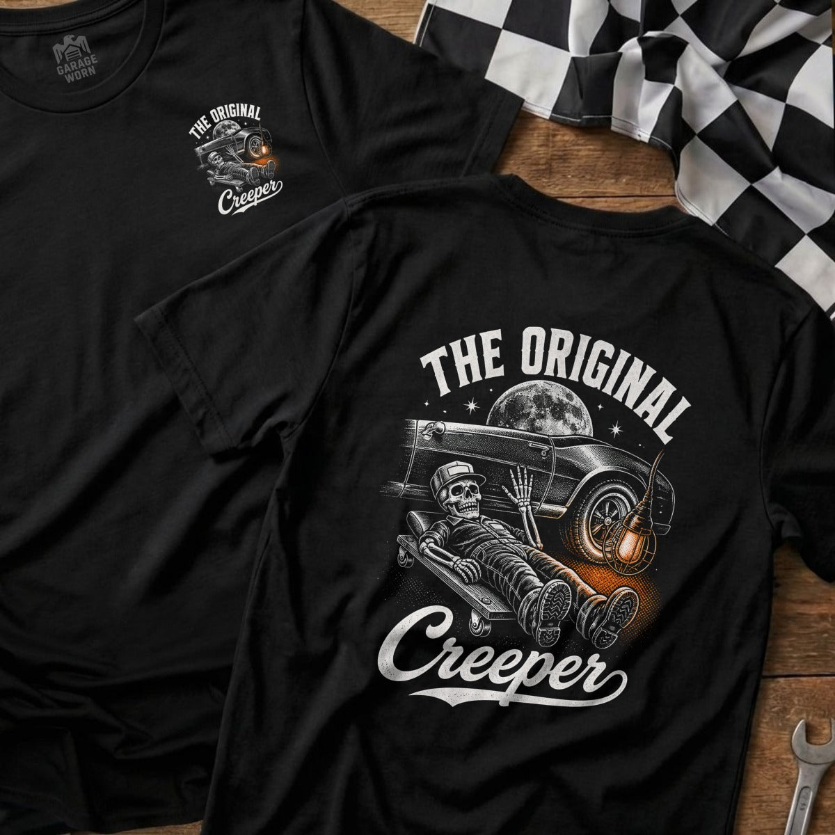 Black t-shirt with "The Original Creeper" graphic featuring a skeleton on a creeper.