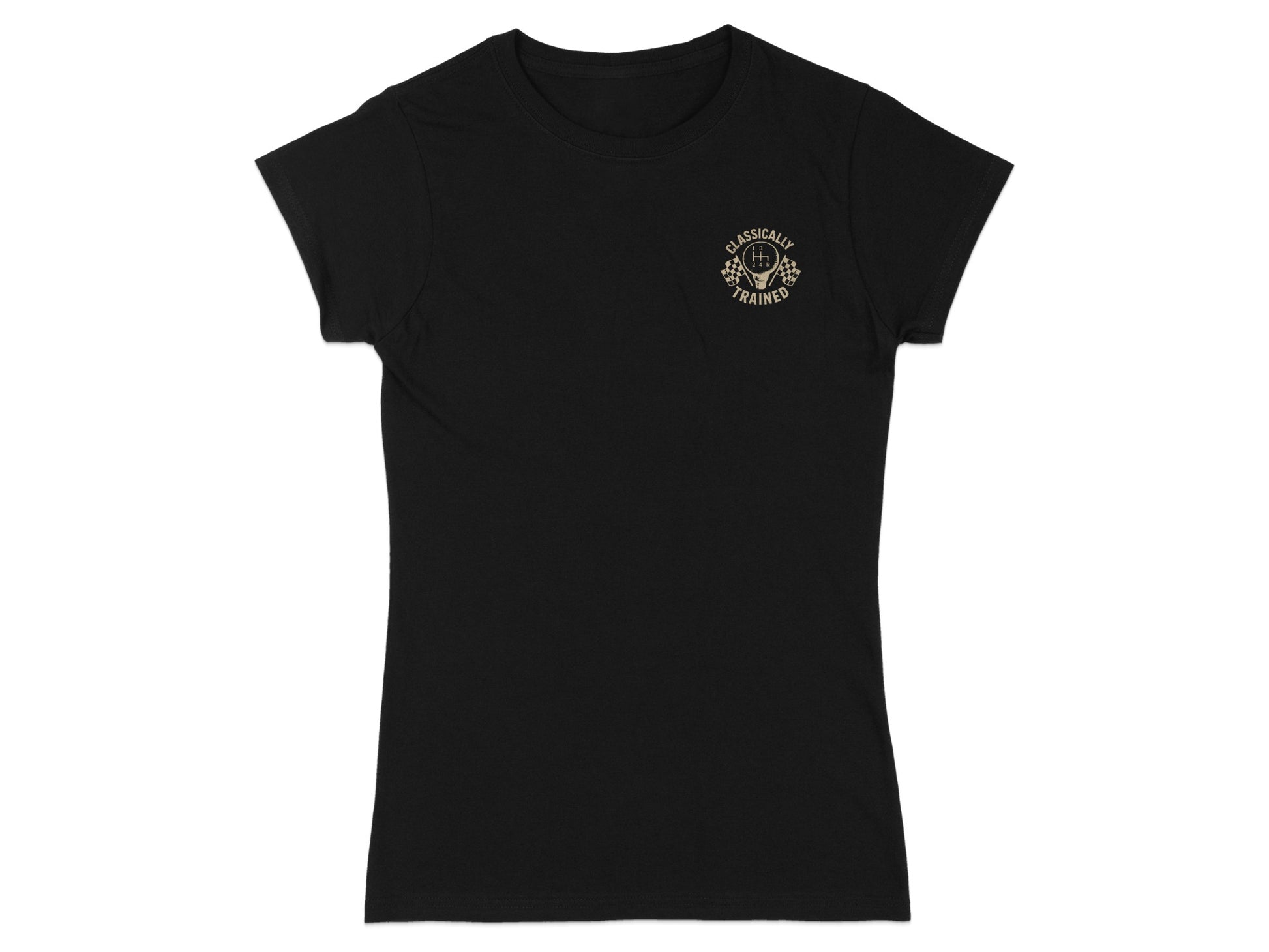 Black t-shirt with "Classically Trained" and checkered flag logo.