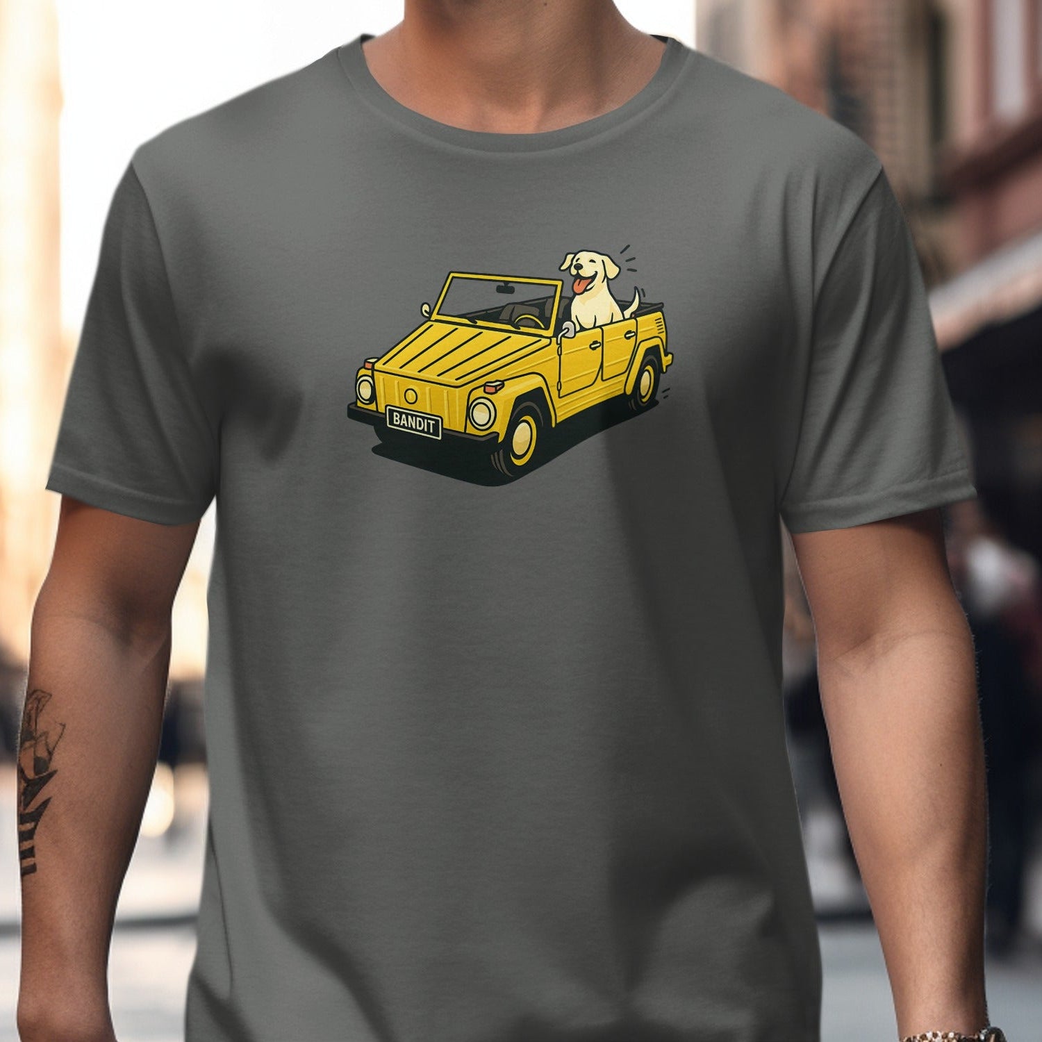 Fun Dog Riding In A Yellow Car Graphic T-shirt product