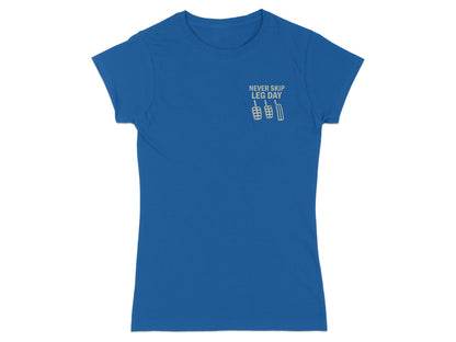 Blue t-shirt with "NEVER SKIP LEG DAY" and pedal graphic.