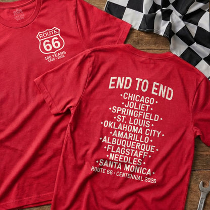 Red t-shirt with Route 66 logo and centennial cities list on back.