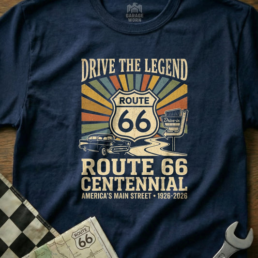 Navy t-shirt with Route 66 Centennial graphic featuring a car and drive-in.