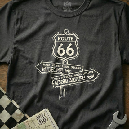T-shirt with Route 66 signpost pointing left to Chicago and right to Santa Monica.
