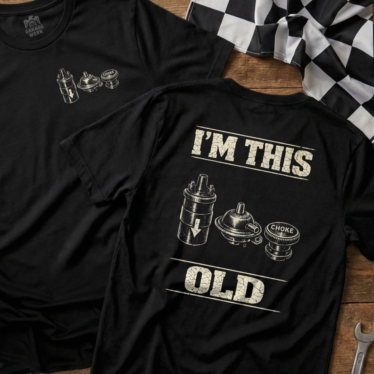 Black t-shirt with "I'm This Old" text and vintage ignition coil illustration.