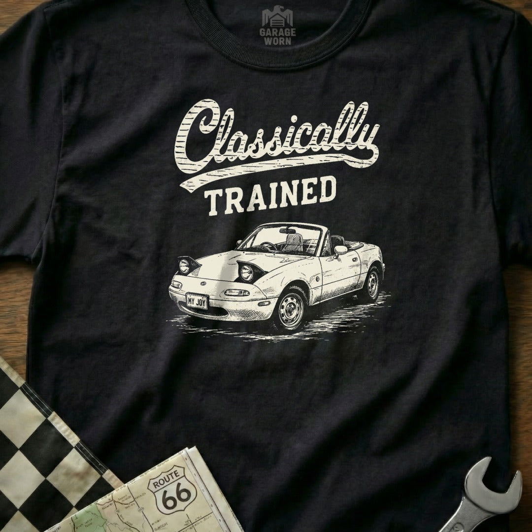 Black t-shirt with "Classically TRAINED" and a white Miata convertible illustration.