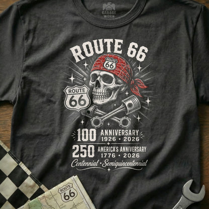 Route 66 100th anniversary skull, pistons, and Route 66 signs.