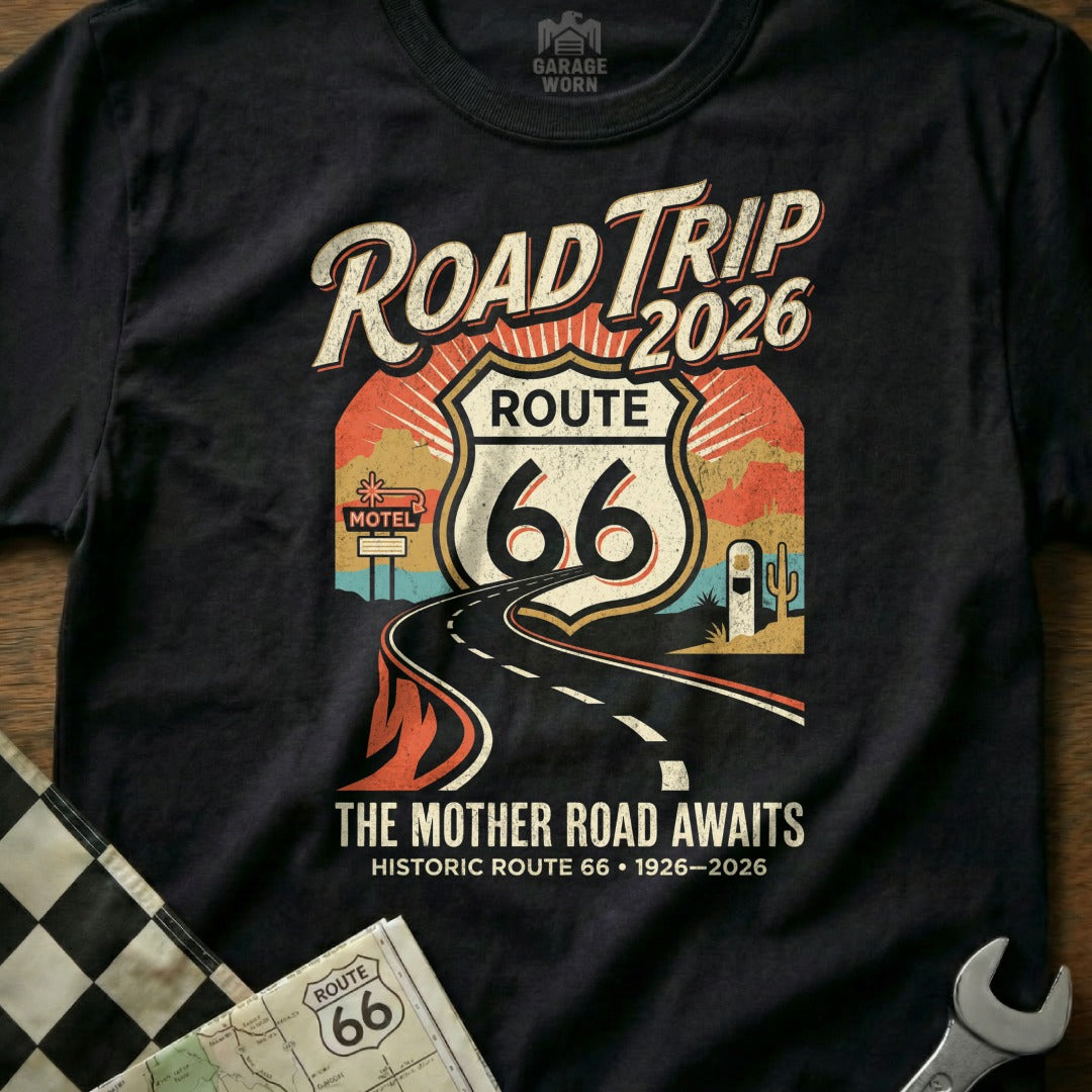 T-shirt with Route 66 "Road Trip 2026" graphic and "The Mother Road Awaits" text.