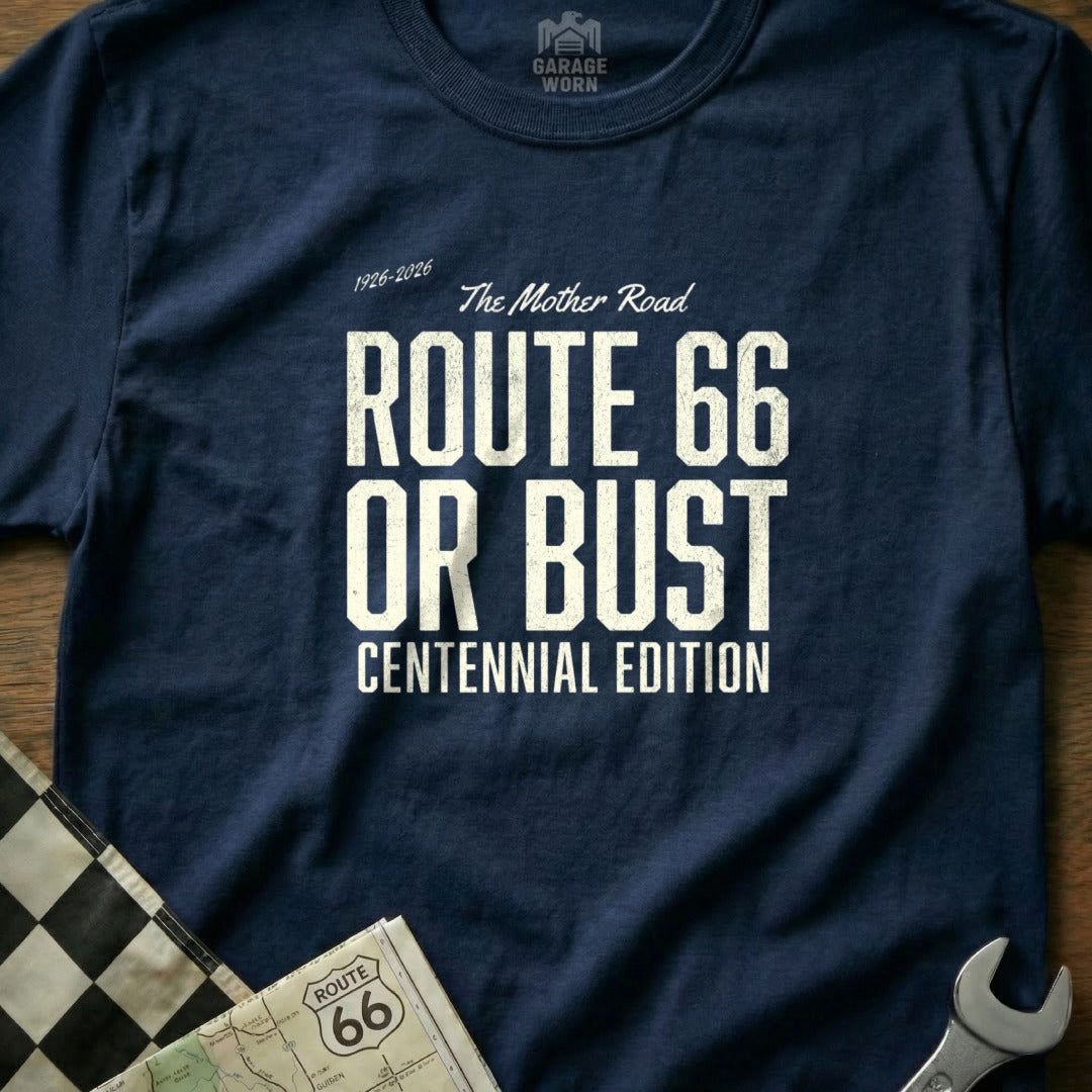 "Route 66 Or Bust Centennial Edition" t-shirt with "The Mother Road" text.