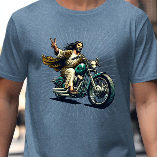 Jesus Riding Motorcycle Graphic T-Shirt product type
