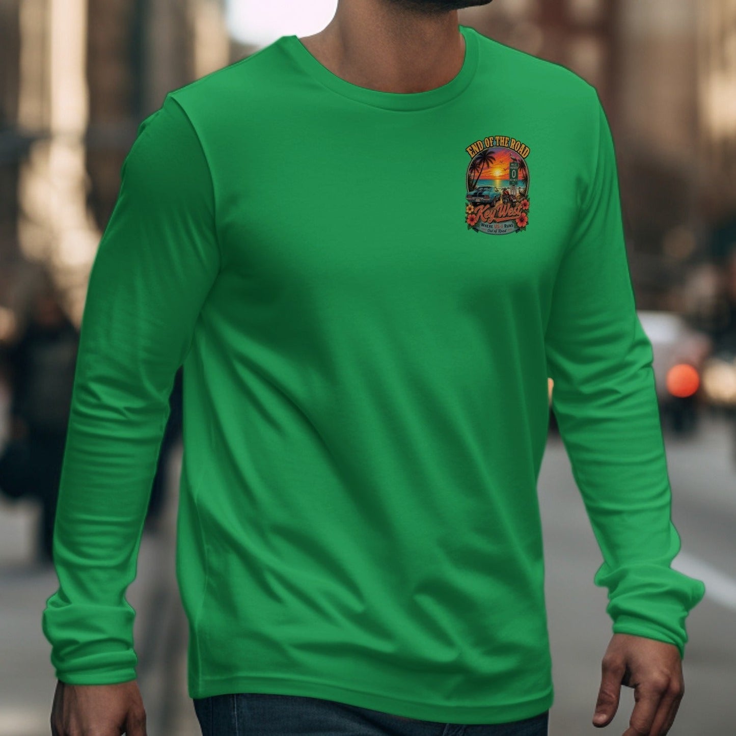 Green long-sleeve shirt with "End of the Road Key West" graphic.