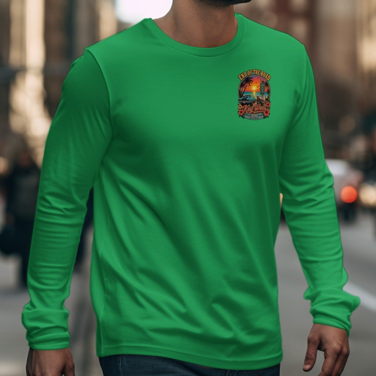 Green long-sleeve shirt with "End of the Road Key West" graphic.