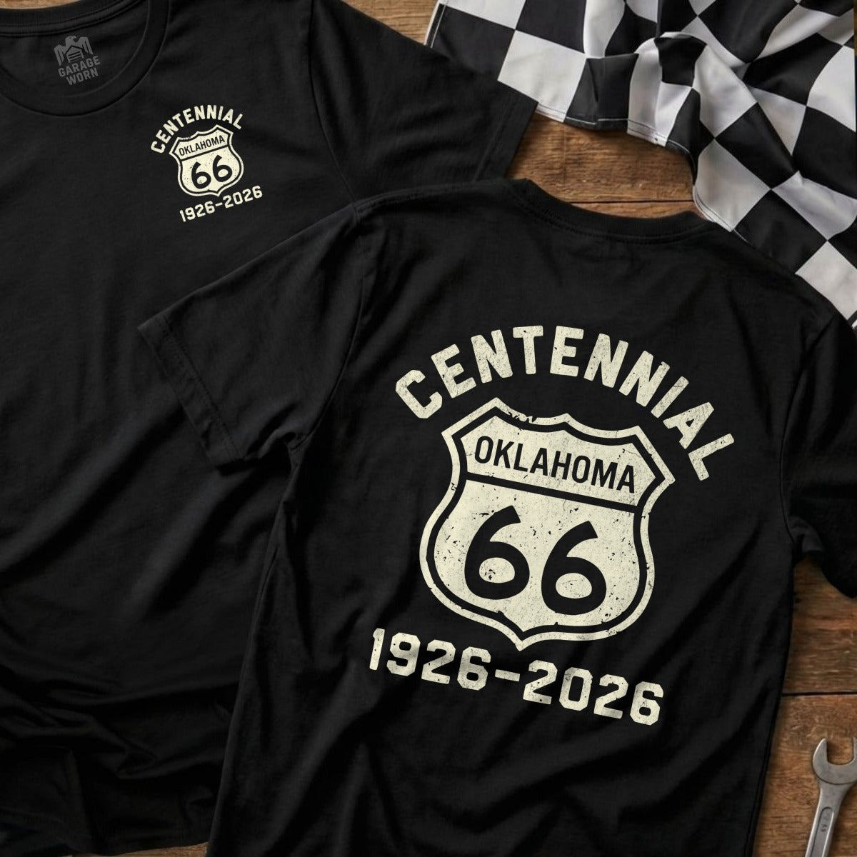 Black t-shirt with Route 66 Centennial Oklahoma 1926-2026 design.
