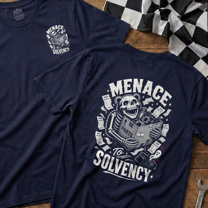 Navy t-shirt graphic: skeleton bear holding parts box, text "Menace To Solvency".