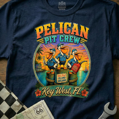 Pelican Pit Crew t-shirt with cartoon pelicans, Key West, FL and Route 66 map.
