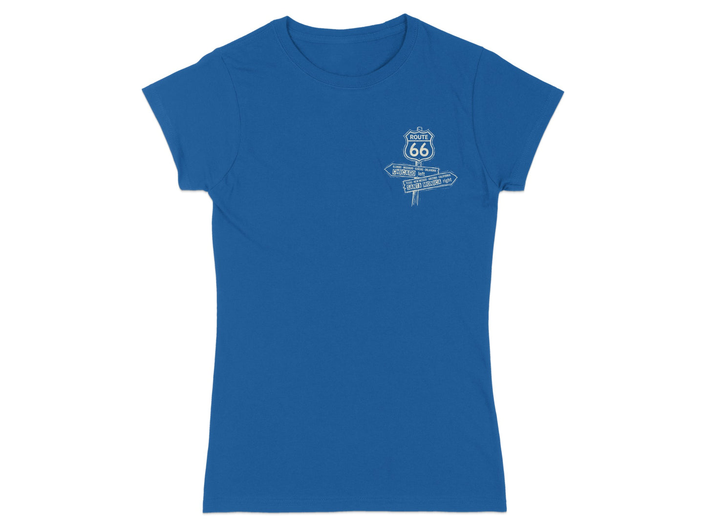 Blue t-shirt with Route 66 signpost pointing left to Chicago and right to Santa Monica.