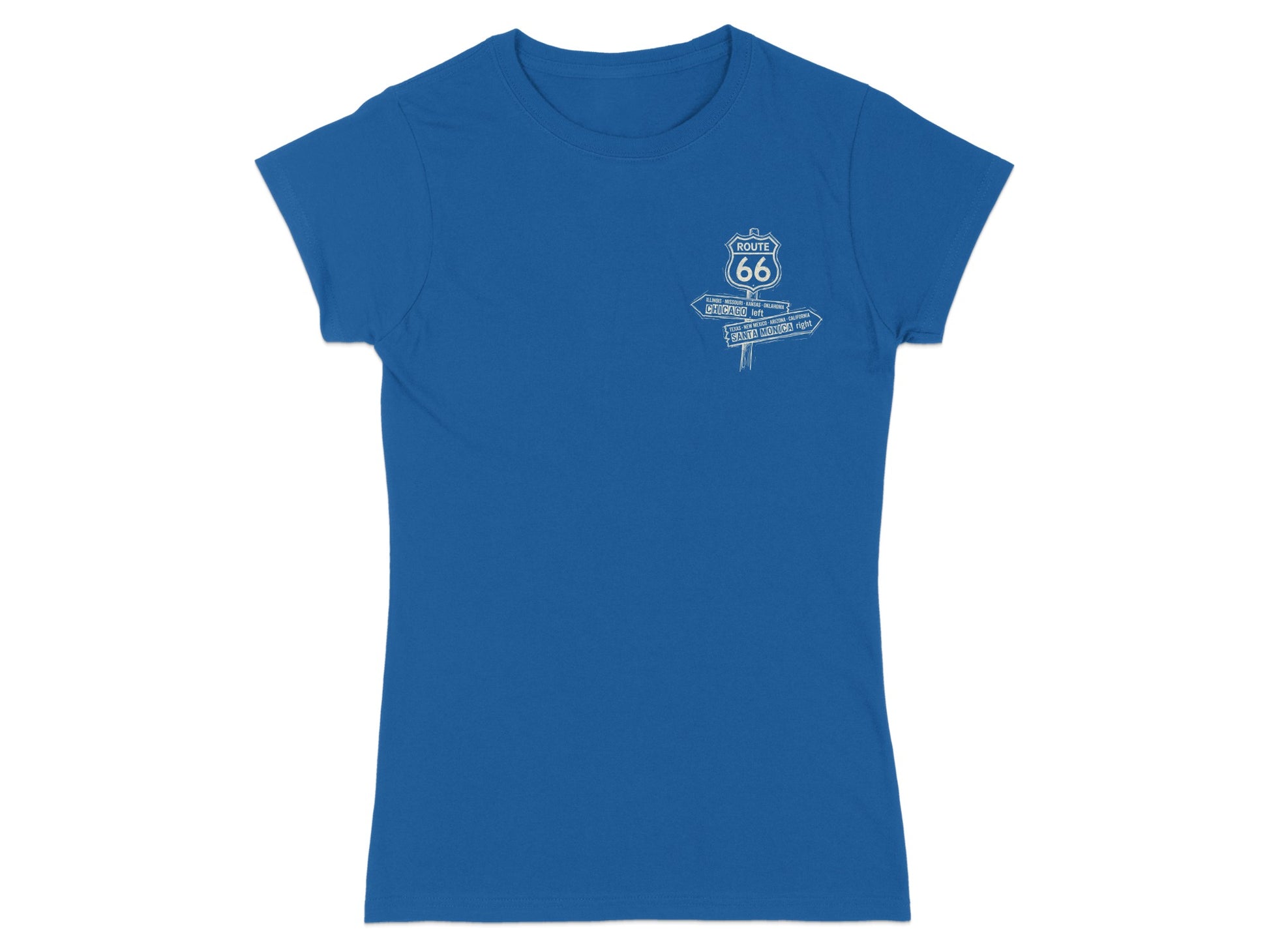 Blue t-shirt with Route 66 signpost pointing left to Chicago and right to Santa Monica.