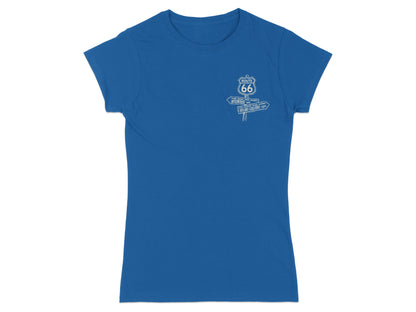 Blue t-shirt with Route 66 signpost pointing left to Chicago and right to Santa Monica.