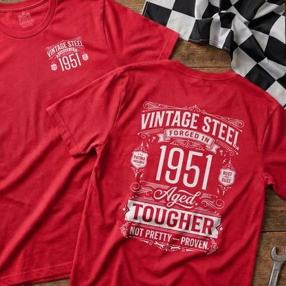 Red t-shirts with "Vintage Steel 1951" design, one front, one back.