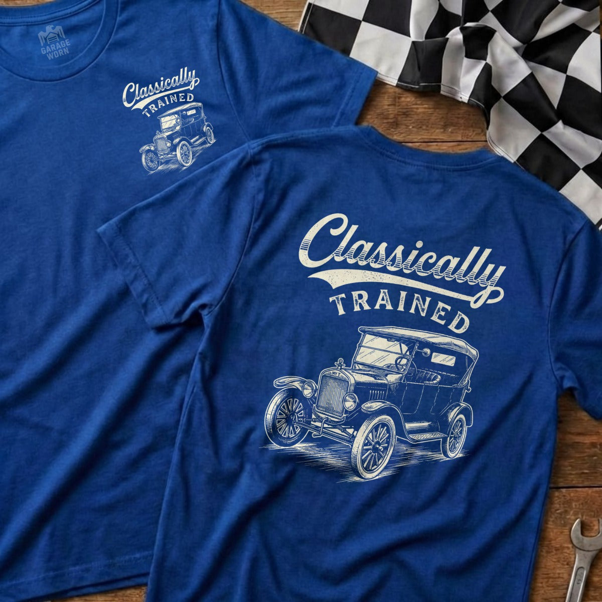 Blue t-shirts with "Classically Trained" and vintage car graphic.