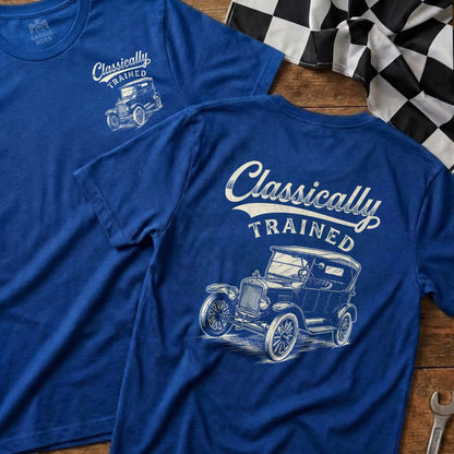 Blue t-shirts with "Classically Trained" and vintage car graphic.