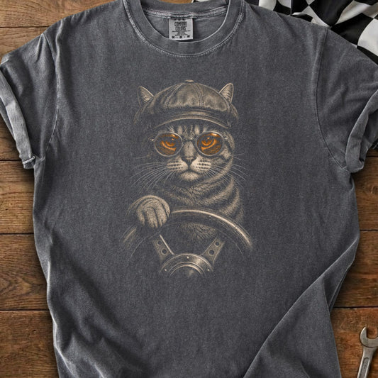 Gray t-shirt with graphic of cat wearing cap and goggles driving a car.