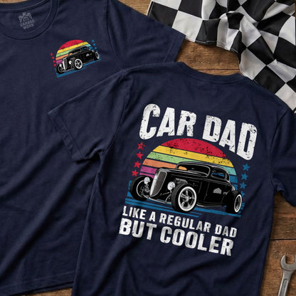 Navy t-shirt with vintage car, sunset graphic, and "CAR DAD" text.