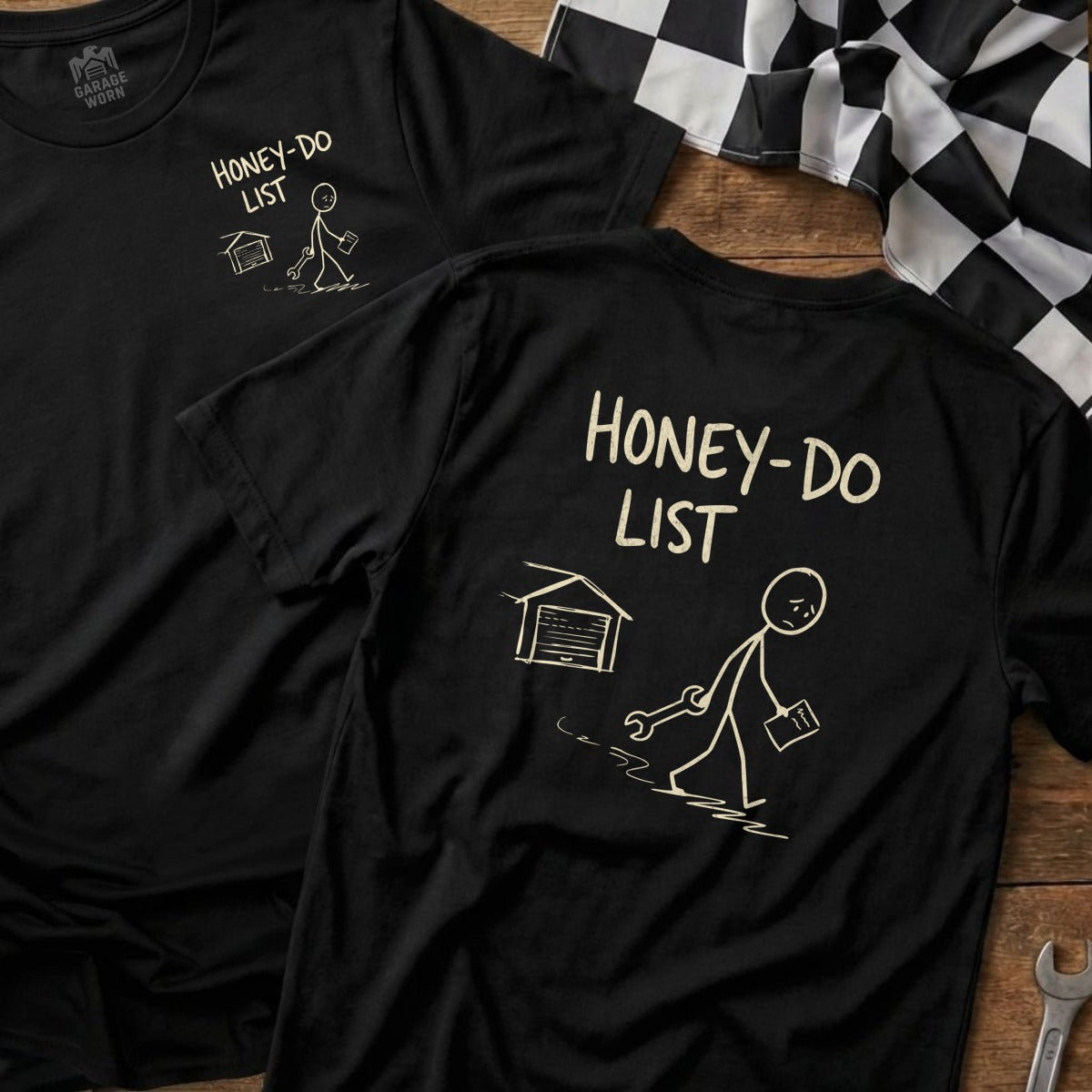 Black t-shirts with "Honey-Do List" and a stick figure.