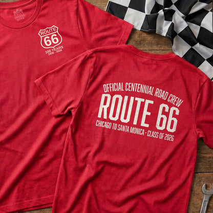 Red t-shirts with Route 66 centennial logos and text.