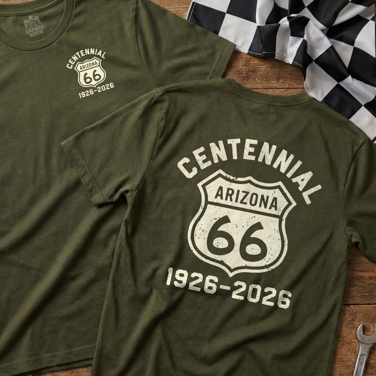 Olive green t-shirt with Route 66 Arizona Centennial 1926-2026 on back.