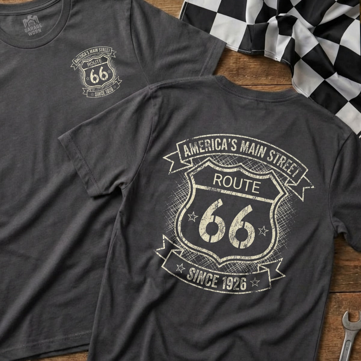 Dark grey t-shirt with Route 66 "America's Main Street" design.