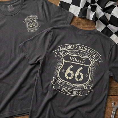 Dark grey t-shirt with Route 66 "America's Main Street" design.