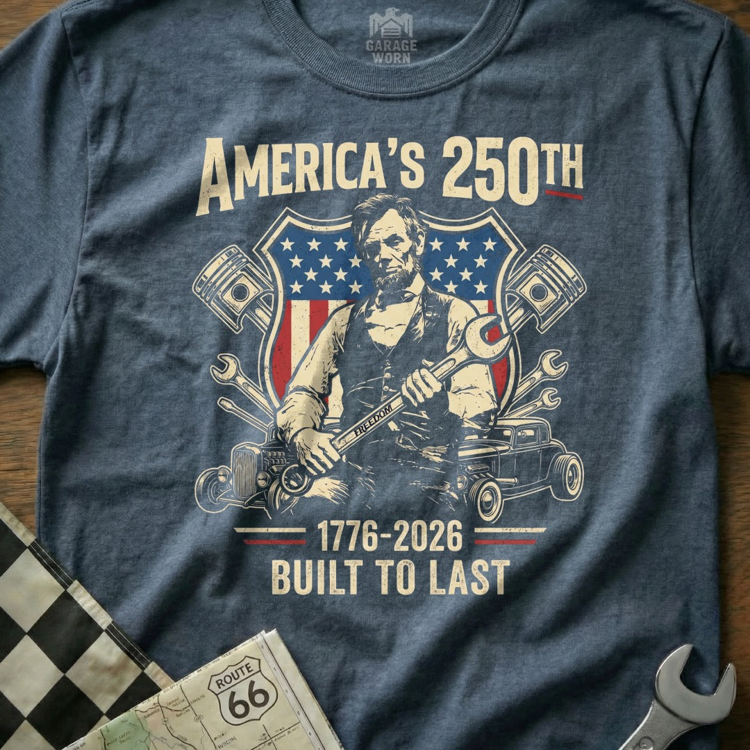 Abraham Lincoln with wrenches and tools, American flag, "America's 250th 1776-2026 Built to Last".